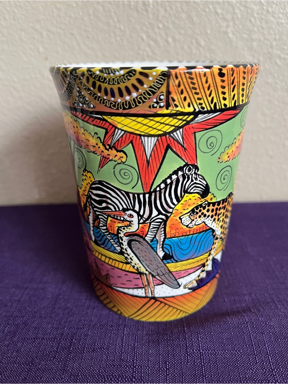 Penzo Zimbabwe Pottery Hand Painted Coffee Cup Mug Zebra Elephant Jaguar Bird